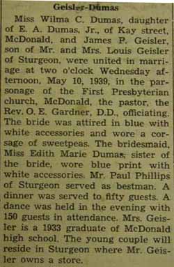 Marriage Notice for James P. GEISLER to Wilma C. Dumas, 10 May 1939