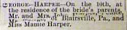 Marriage Notice for (No given name) GEORGE to Mamie Harper, 10 Feb 1897