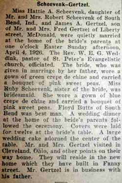 Marriage Notice for James A. GERTZEL to Hattie A. Scheevenk, 4 Apr 1926