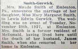 Marriage Notice for Lewis Edwin GERWICK to Mary Margaret Smith, 29 Nov 1927