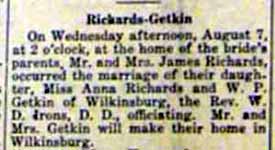 Marriage Notice for W. P. GETKIN to Anna Richards, 7 Aug 1918