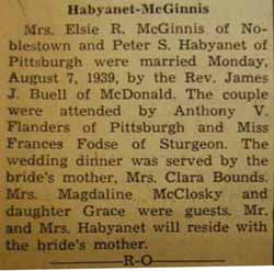 Marriage Notice for Peter S. HABYANET to Elsie R. McGinnis, 7 Aug 1939