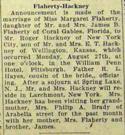 Marriage Notice for Roger HACKNEY to Margaret Flaherty, 27 Aug 1928