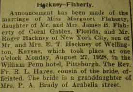 Marriage Notice for  Roger HACKNEY to Margaret Flaherty, 27 Aug 1928
