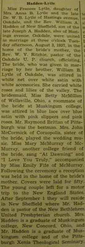 Marriage Notice for Rev. William A. HADDEN to Frances Lytle, 3 Aug 1937