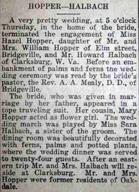 Marriage Notice for Howard HALBACH to Hazel Hopper, no date, in 1-6-1921 paper