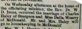 Marriage Notice for Charles HALEY to Della Wearry, no date, in 10-30-1914 paper