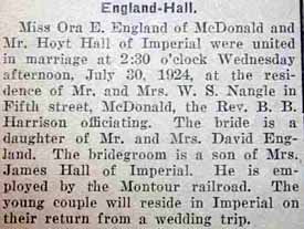 Marriage Notice for Hoyt HALL to Ora E. England, 30 Jul 1924