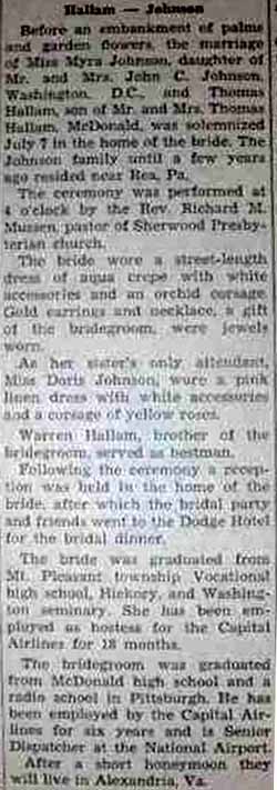 Marriage Notice for Thomas HALLAM to Myra Johnson, 7 Jul 1947