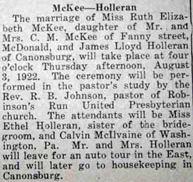 Marriage Notice for James Lloyd HOLLERAN to Ruth Elizabeth McKee, 3 Aug 1922