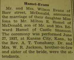 Marriage Notice for Milton E. HAMEL to Iona Evans, 27 Jun 1937
