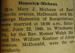 Marriage Notice for George HAMERICK to Mrs. Mary J. Michaux, 22 Jun 1940
