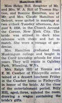 Marriage Notice for Romine HAMILTON to Helen Hill, 9 Aug 1938