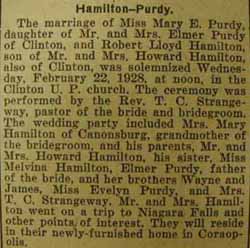 Marriage Notice for Robert Lloyd HAMILTON to Mary E. Purdy, 22 Feb 1928