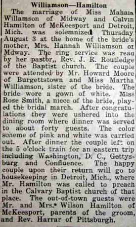 Marriage Notice for Calvin HAMILTON to Mahala Williamson, 3 Aug 1922