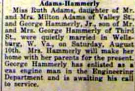 Marriage Notice for George HAMMERLY, Jr. to Ruth Adams, 10 Aug 1918