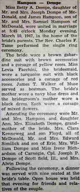 Marriage Notice for James HAMPSON to Betty A. Dempe, 10 Mar 1947