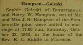 Marriage Notice for  Harry W. HAMPSON to Sophie Goleski, 23 Oct 1943