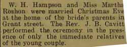 Christmas Eve wedding of W. H. HAMPSON to Martha Roshon, no date, in 1-19-1915 paper