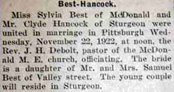 Marriage Notice for Clyde HANCOCK to Sylvia Best, 22 Nov 1922