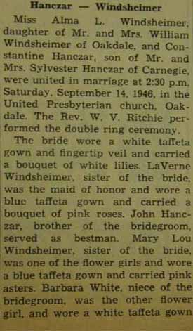 Part 1 Marriage Notice for Constantine HANCZAR to Alma L. Windsheimer, 14 Sep 1946