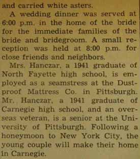 Part 2 Marriage Notice for Constantine HANCZAR to Alma L. Windsheimer, 14 Sep 1946