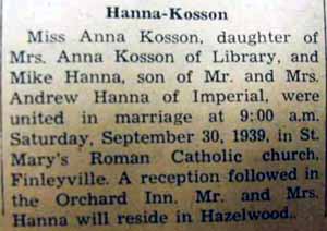 Marriage Notice for Mike HANNA to Anna Kosson, 30 Oct 1939