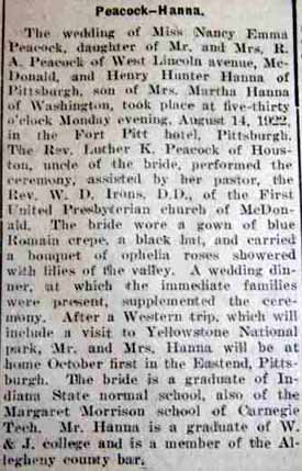Article 2 Marriage Notice for Henry Hunter HANNA to Nancy Emma Peacock, no date, in 8-17-1922 paper
