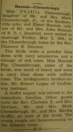 Marriage Notice for Elmer HANNAH to Phyllis Cheesebrough, 2 May 1941
