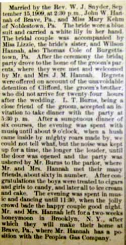 Marriage Notice for John W. HANNAH to Mary Kehm, 15 Sep 1909