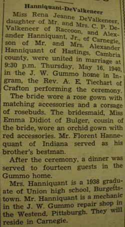 Marriage Notice for  Alexander HANNIQUANT, Jr. to Rena Jeanne DeValkeneer, 16 May 1940