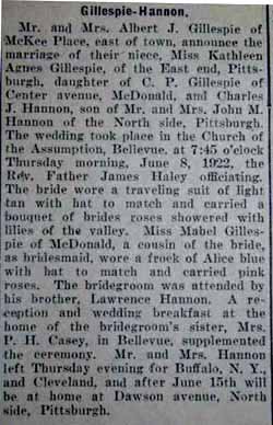 Marriage Notice for Charles J. HANNON to Kathleen Agnes Gillespie, 8 Jun 1922