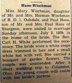 Marriage Notice for Paul HANS to Mary Wischman, 2 Jul 1939