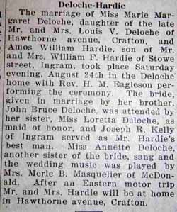 Marriage Notice for  Amos William HARDIE to Marie Margaret Deloche, 24 Aug 1929