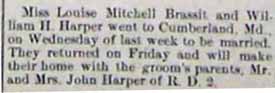 Marriage Notice for William H. HARPER to Louise Mitchell Brassit, no date, in 2-21-1913 paper