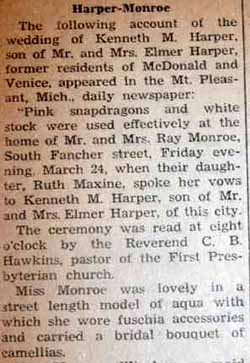 Part 1 Marriage Notice for Kenneth M. HARPER to Ruth Maxine Monroe, 24 Mar 1939
