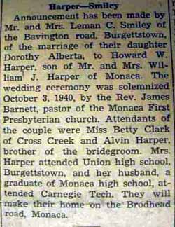 Marriage Notice for Howard W. HARPER to Dorothy Alberta Smiley, 3 Oct 1940
