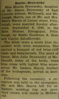 Marriage Notice for Joseph HARRIS to Minnie Browarsky, 8 Sep 1940