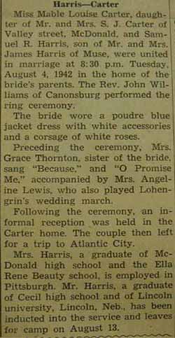 Marriage Notice for Samuel R. HARRIS to Mable Louise Carter, 4 Aug 1942