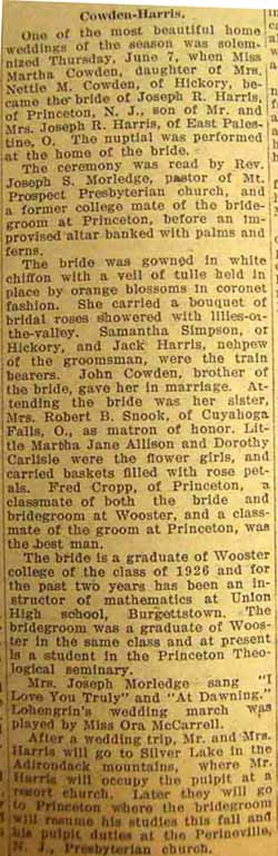 Marriage Notice for Joseph R. HARRIS to Martha COWDEN, 7 Jun 1928