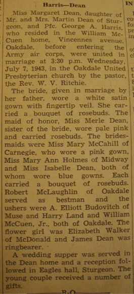 Marriage Notice for George A. HARRIS to Margaret Dean, 7 Jul 1943