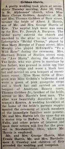 Marriage Notice for Albert J. HARRIS to Mary Cletus Gribben, 10 Jun 1924