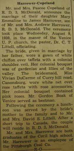 Marriage Notice for James HARROWER to Mary Emmaline Copeland, 9 Aug 1939