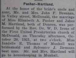Marriage Notice for Jabes (sic) M. HARTLAND to Elizabeth A. Pasher, 20 Oct 1921