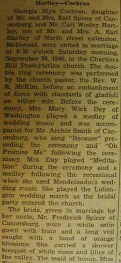Part 1 Marriage Notice for Carl Wesley HARTLEY to Georgia Blye Cochran, 28 Sep 1940