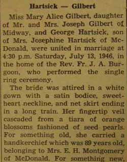 Part 1 Marriage Notice for George to HARTSICK Mary Alice Gilbert, 13 Jul 1946