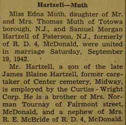 Marriage Notice for 
        Samuel Morgan HARTZELL to Edna Muth, 19 Sep 1942