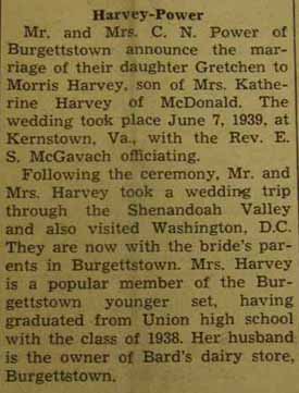 Marriage Notice for Morris HARVEY to Gretchen Power, 7 Jun 1939