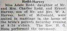 Marriage Notice for Ernest HARVEY to Adele Redd, no date, in 7-25-1929 paper