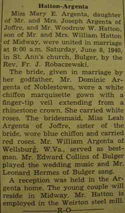 Marriage Notice for Woodrow W. HATTON to Mary E. Argenta, 8 Jun 1940